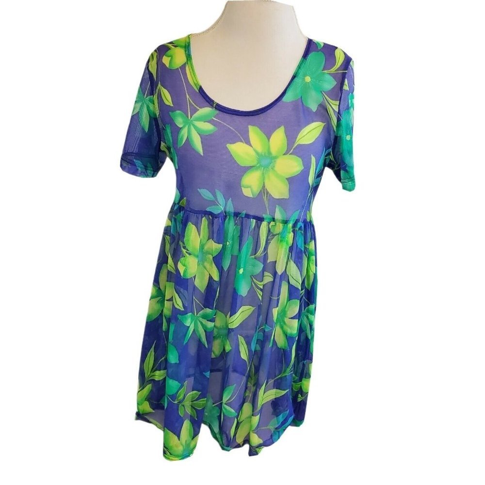 90s Blue Tropical Babydoll Swim Coverup Hawaiiain